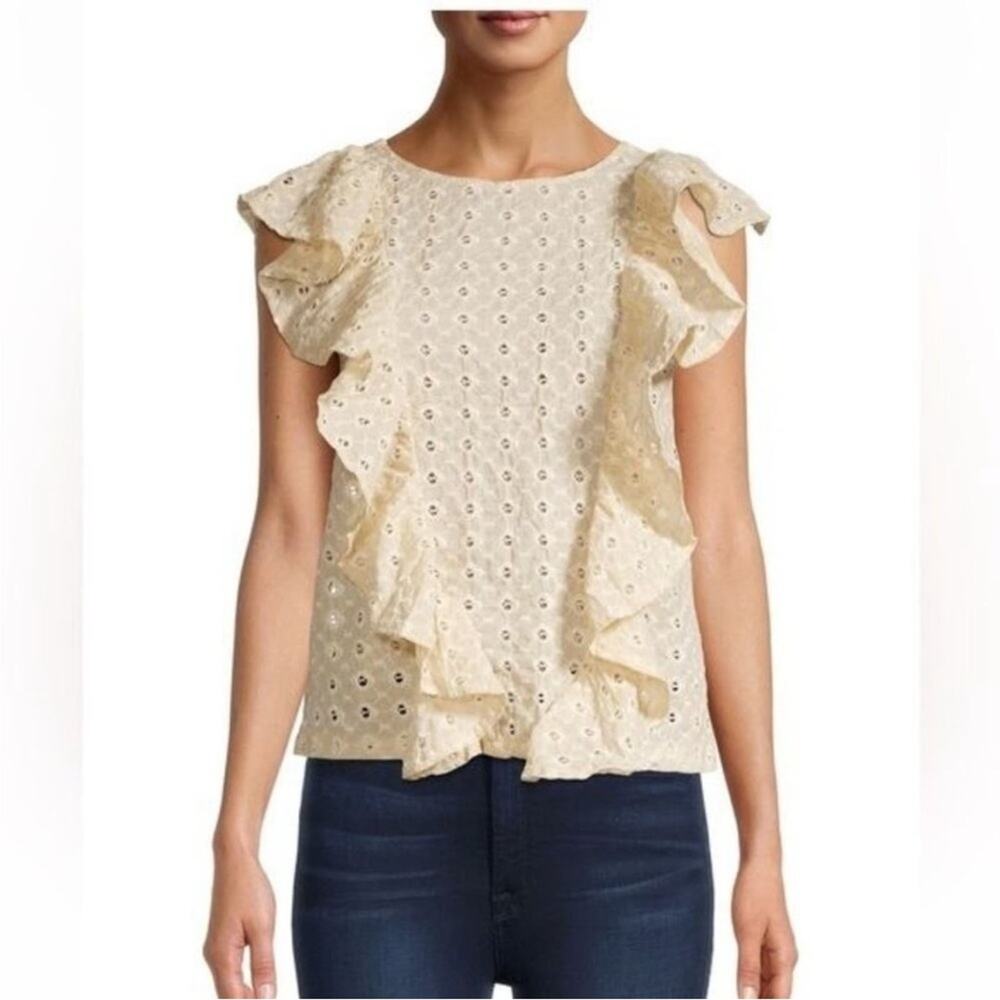 NWT 70/21 Cream Embroidered Sleeveless Ruffle Flounce Sleeve Blouse size XS